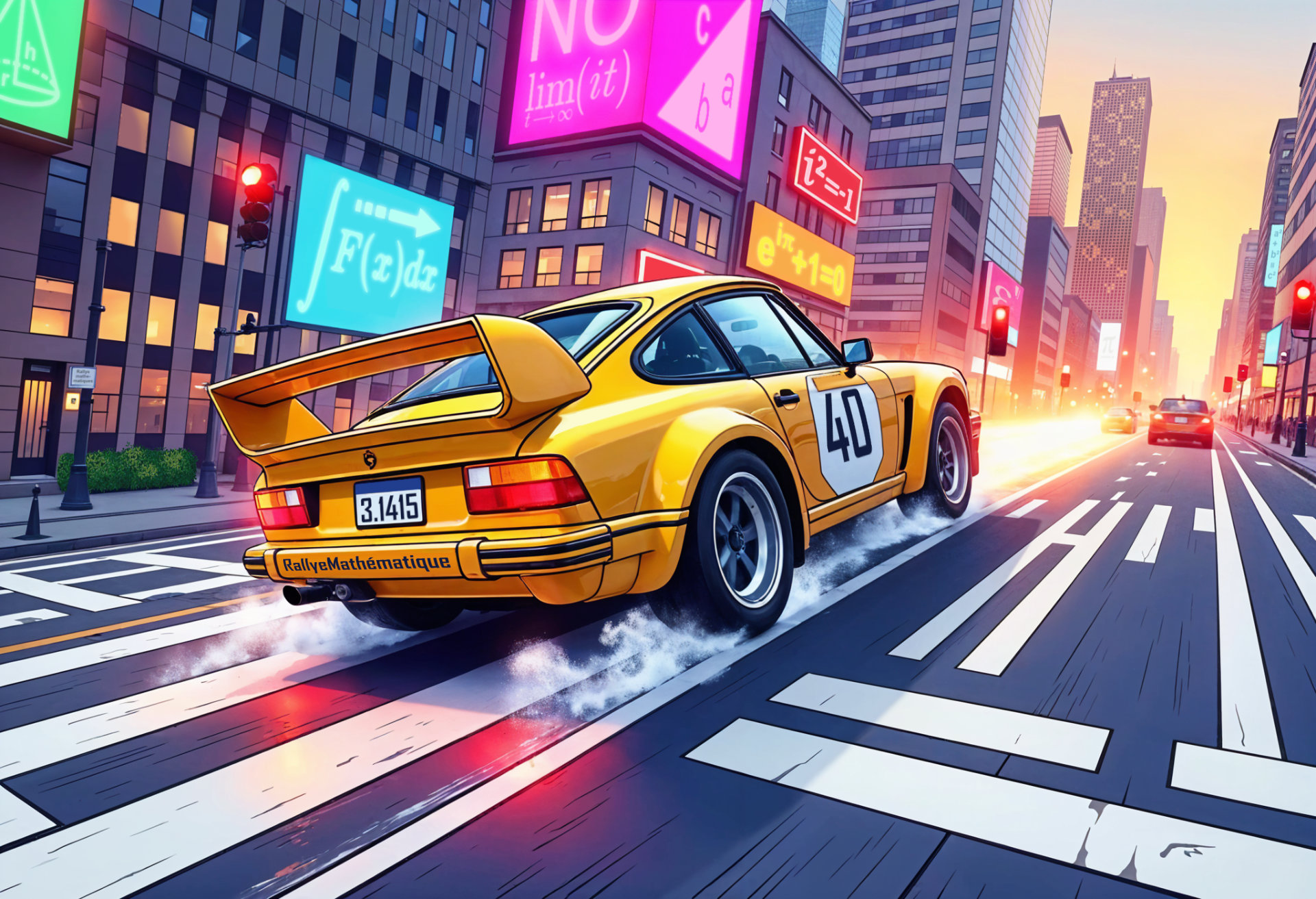 Une voiture de rallye jaune numérotée 40 fonce dans une ville couverte de formules mathématiques
